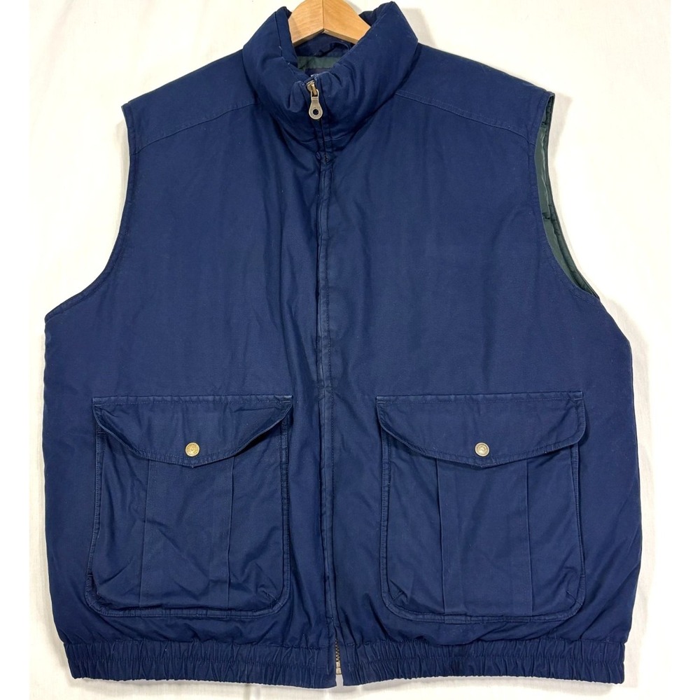 Vintage Lands End Puffer Vest Navy Goose Down Utility Cargo Pockets 80s 90s XL
